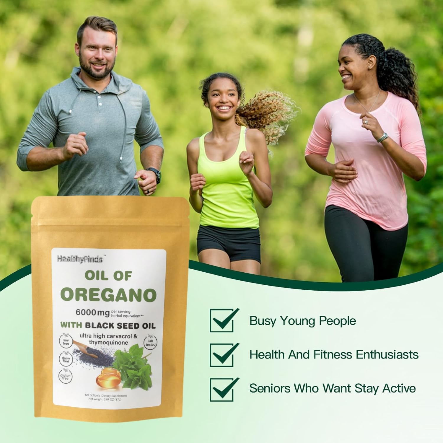 HealthyFinds Oregano Oil & Black Seed Oil Softgels in lifestyle setting