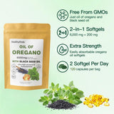 HealthyFinds Oregano Oil & Black Seed Oil Softgels on a wooden table
