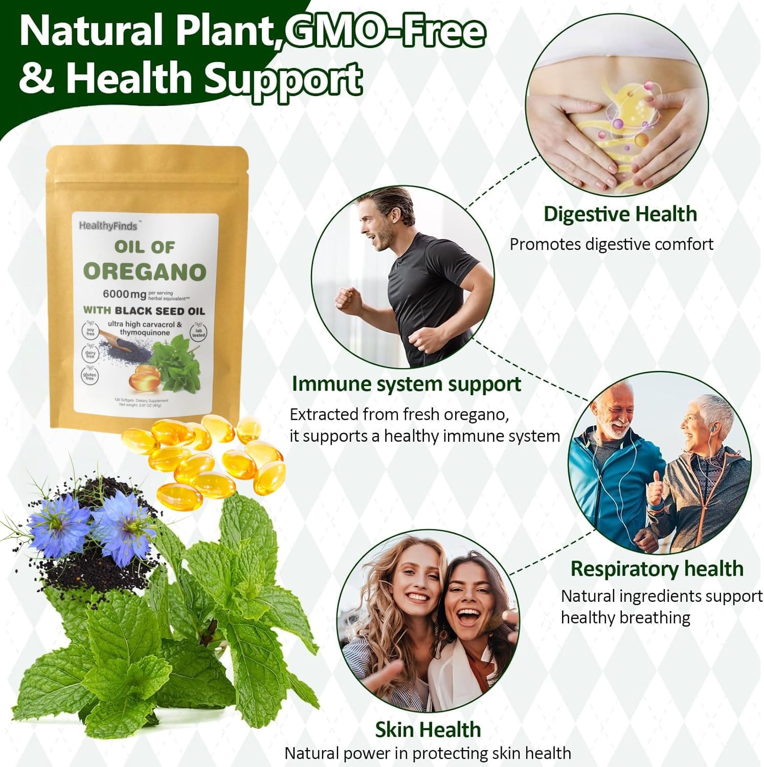 HealthyFinds Oregano Oil & Black Seed Oil Softgels packaging