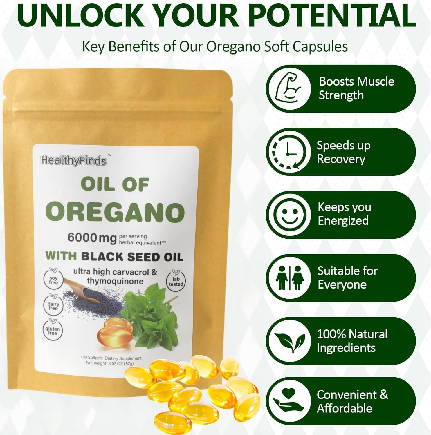 HealthyFinds Oregano Oil & Black Seed Oil Softgels with measuring spoon