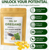 HealthyFinds Oregano Oil & Black Seed Oil Softgels with measuring spoon