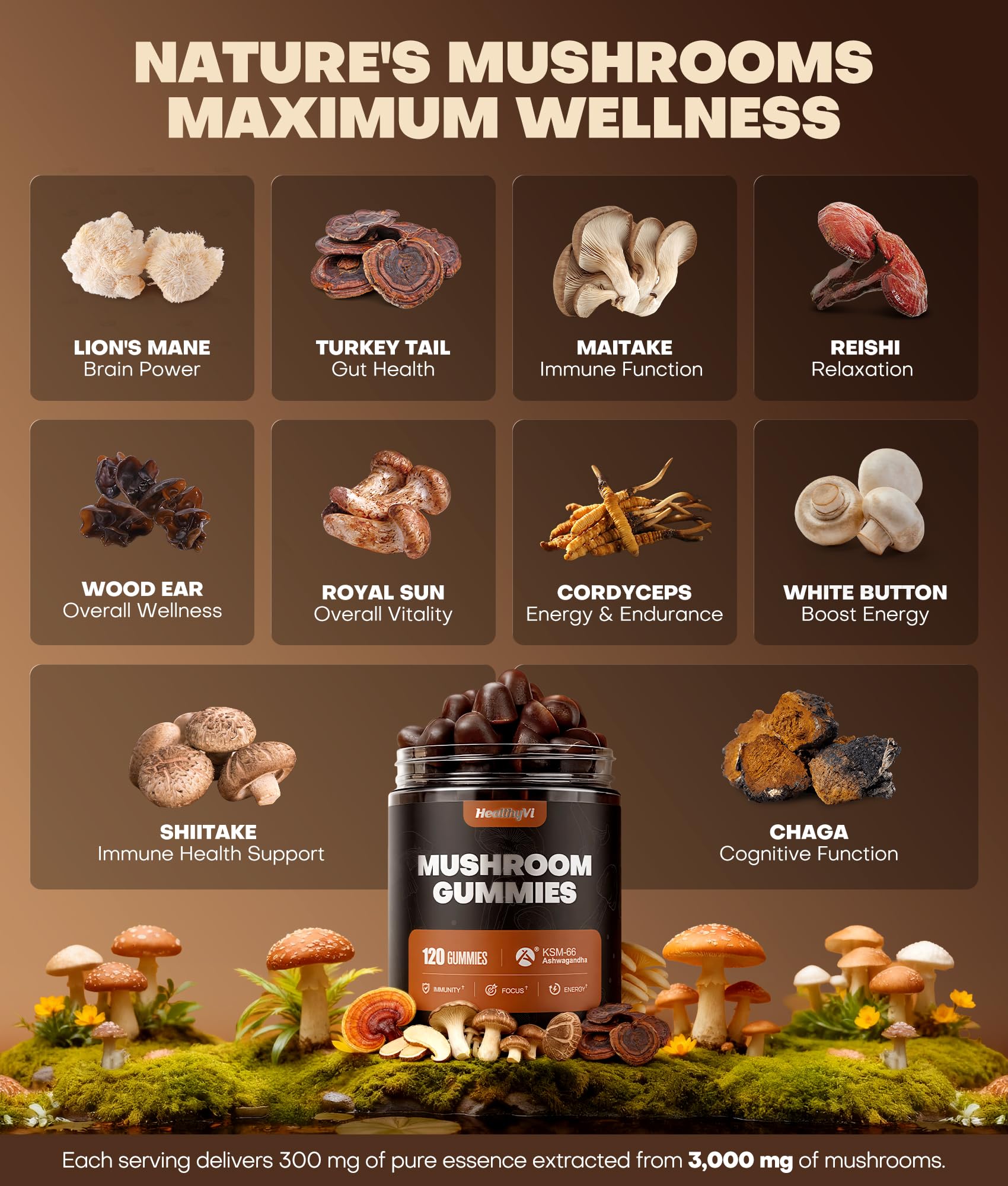 HealthyVi Mushroom Gummies showing soft pectin texture