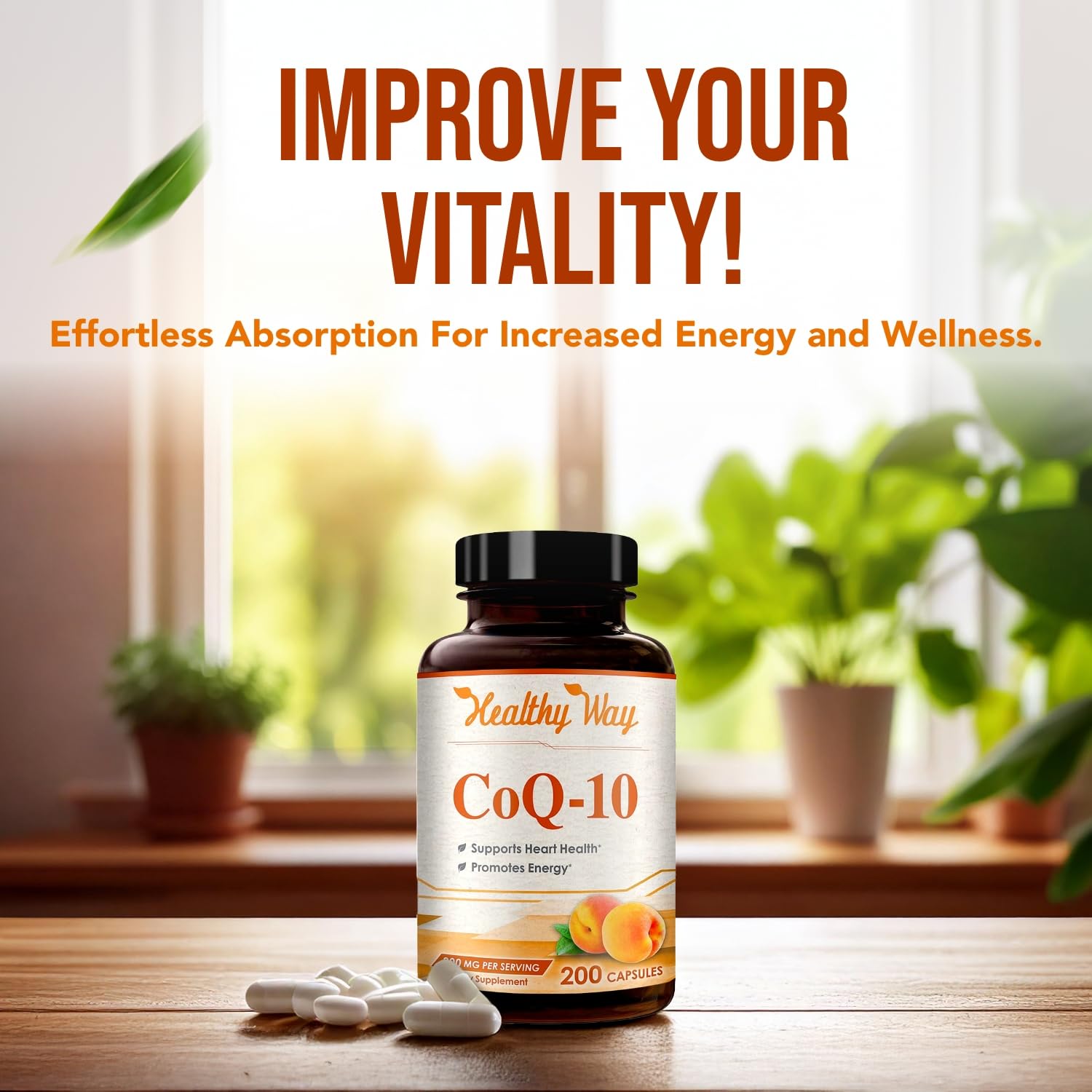 HealthyWayRx CoQ10 200mg capsules in hand