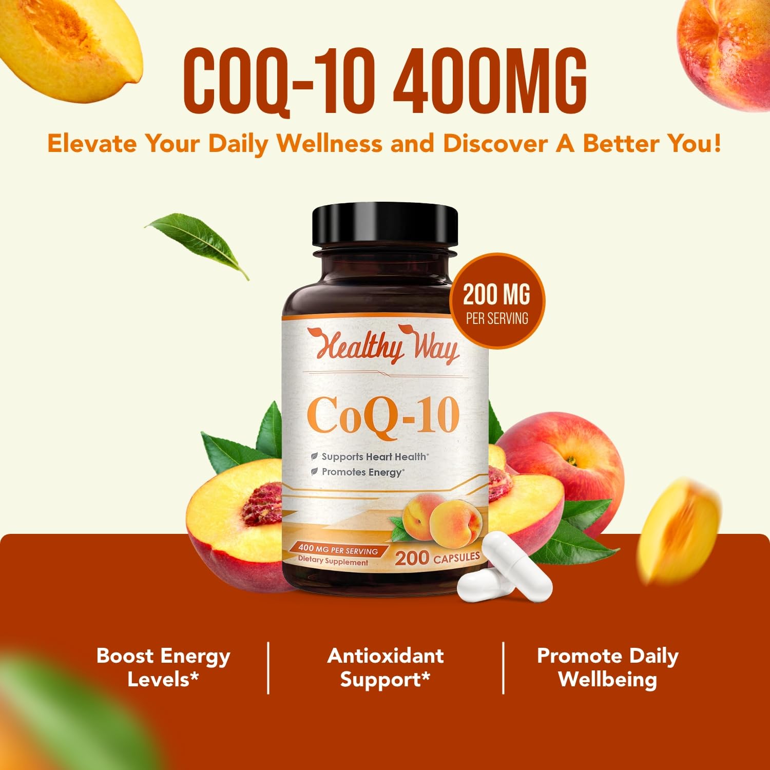 HealthyWayRx CoQ10 400mg capsules on a table