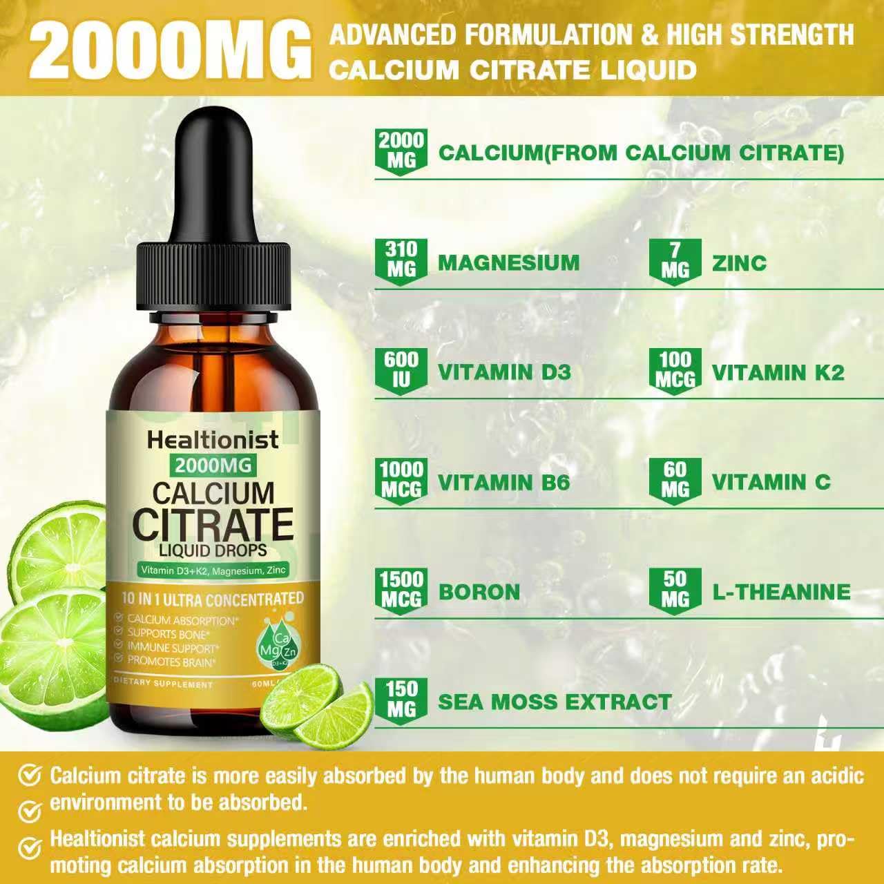 Healtionist Calcium Citrate Liquid Drops 2000mg bottle with dropper