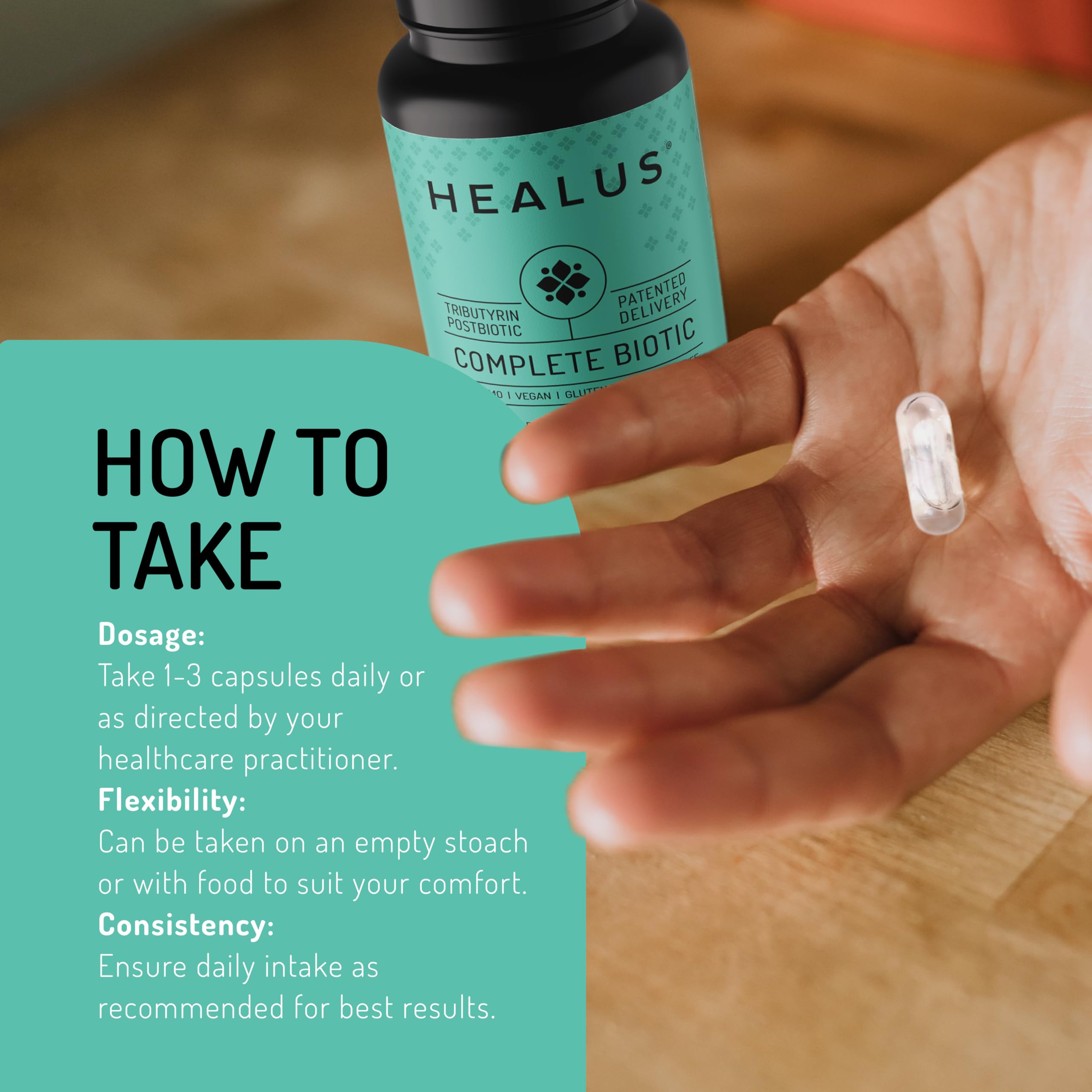 Healus Complete Biotic Tributyrin Supplement capsules close-up