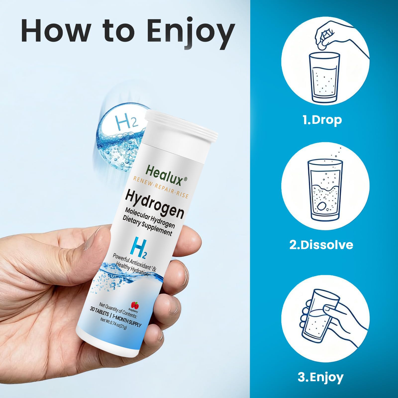 Healux Hydrogen Tablets 50g side view of packaging