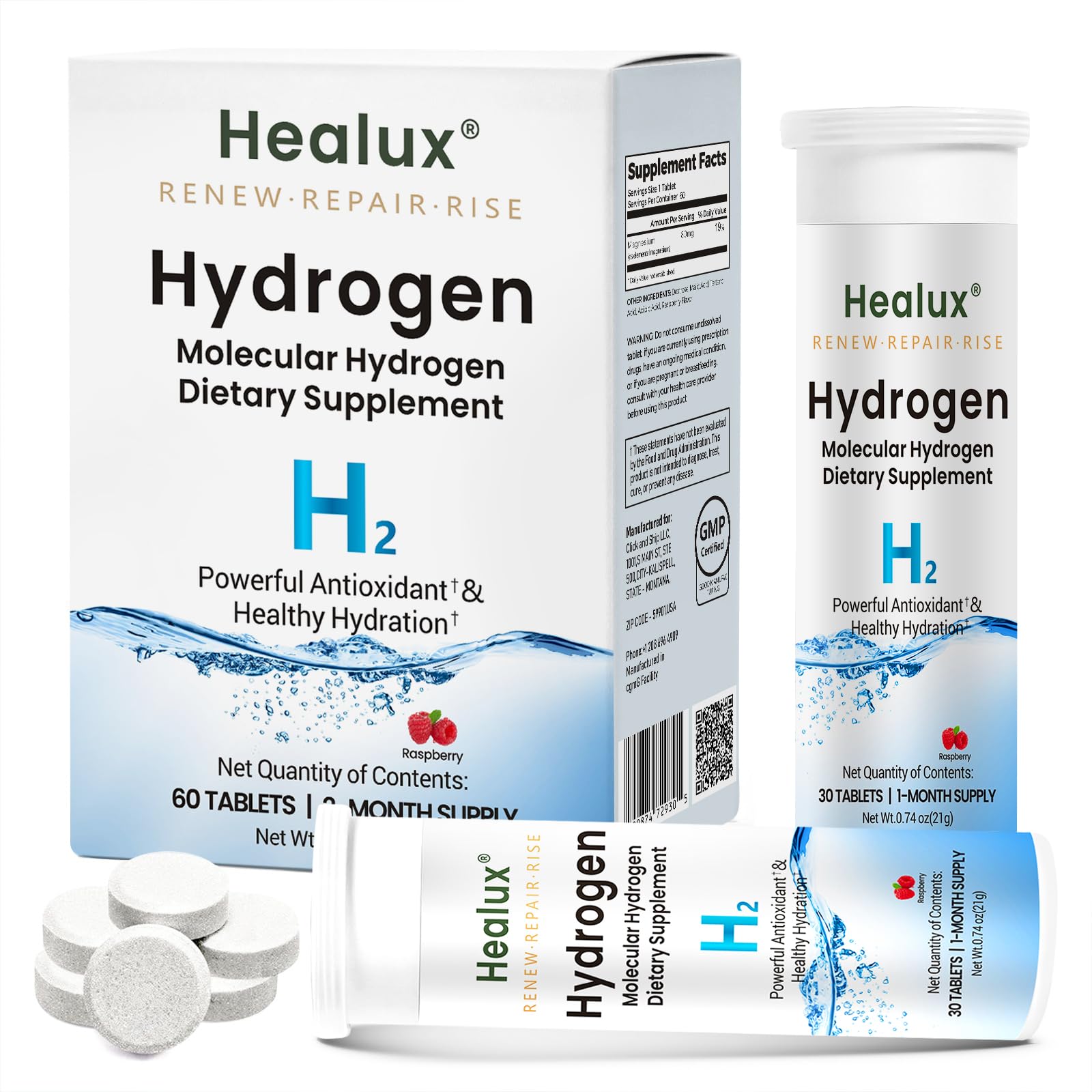 Healux Molecular Hydrogen Tablets 30 count packaging front view