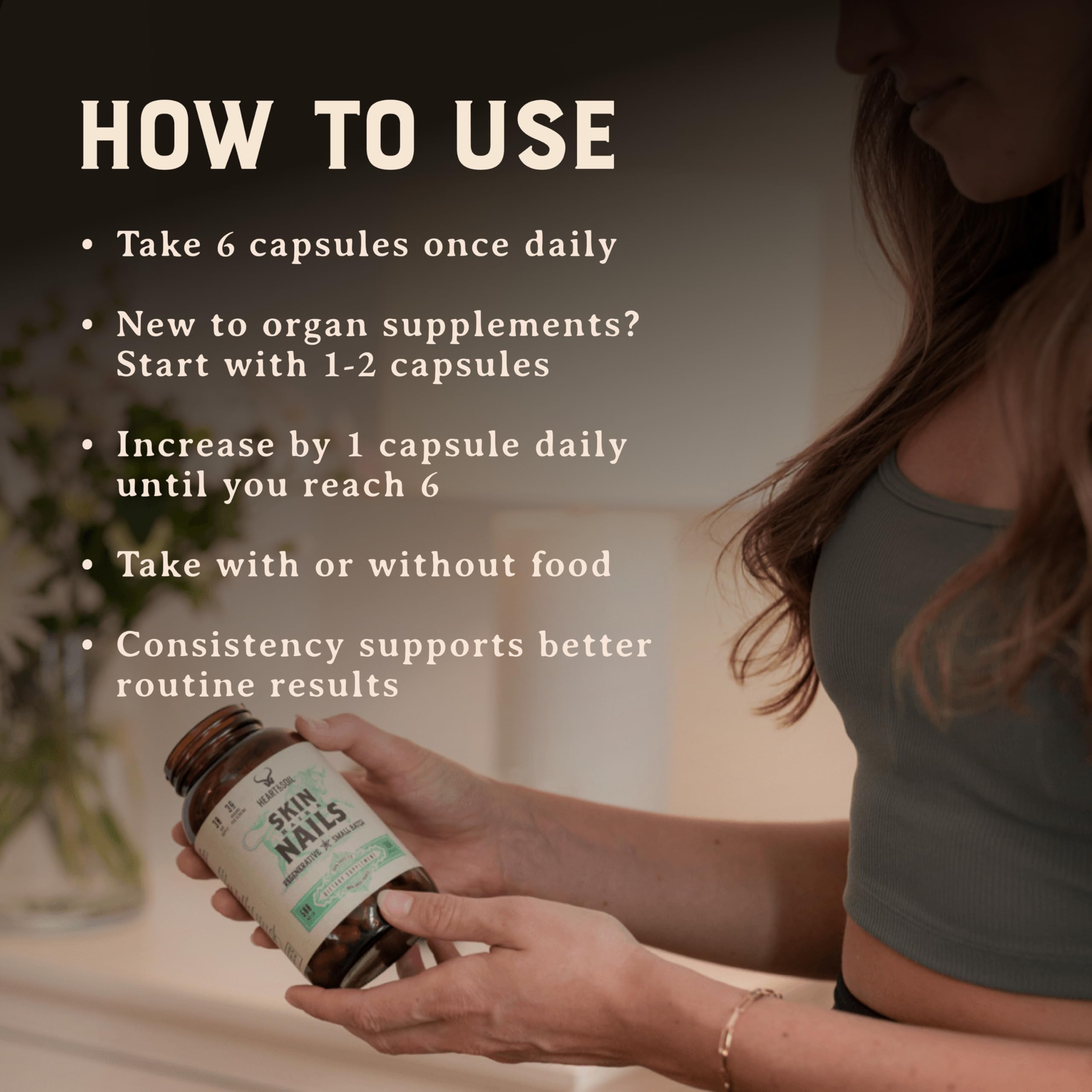 HEART & SOIL Beef Liver Supplement 3000mg capsules in hand