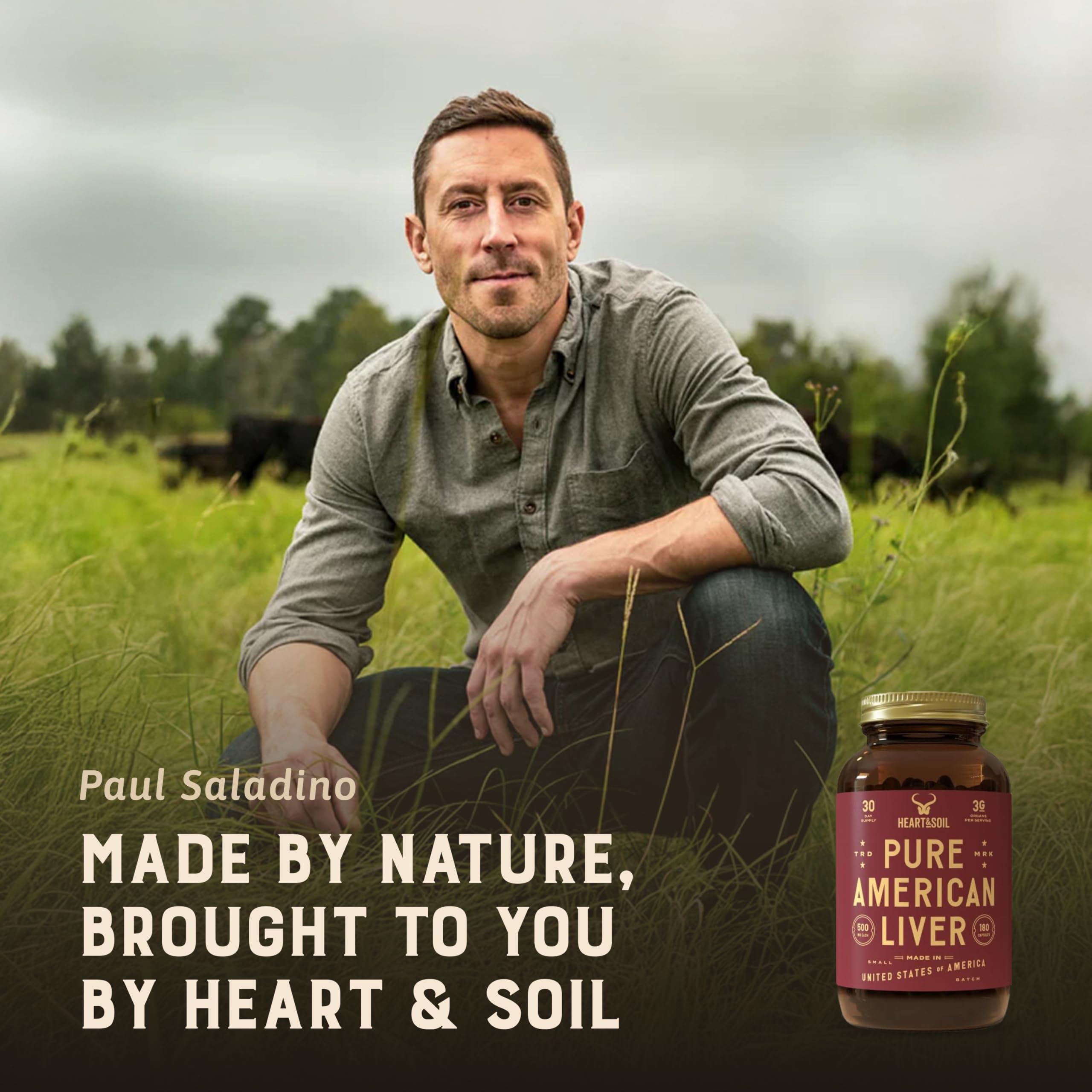 HEART & SOIL Beef Liver Supplement 3000mg capsules on wooden table