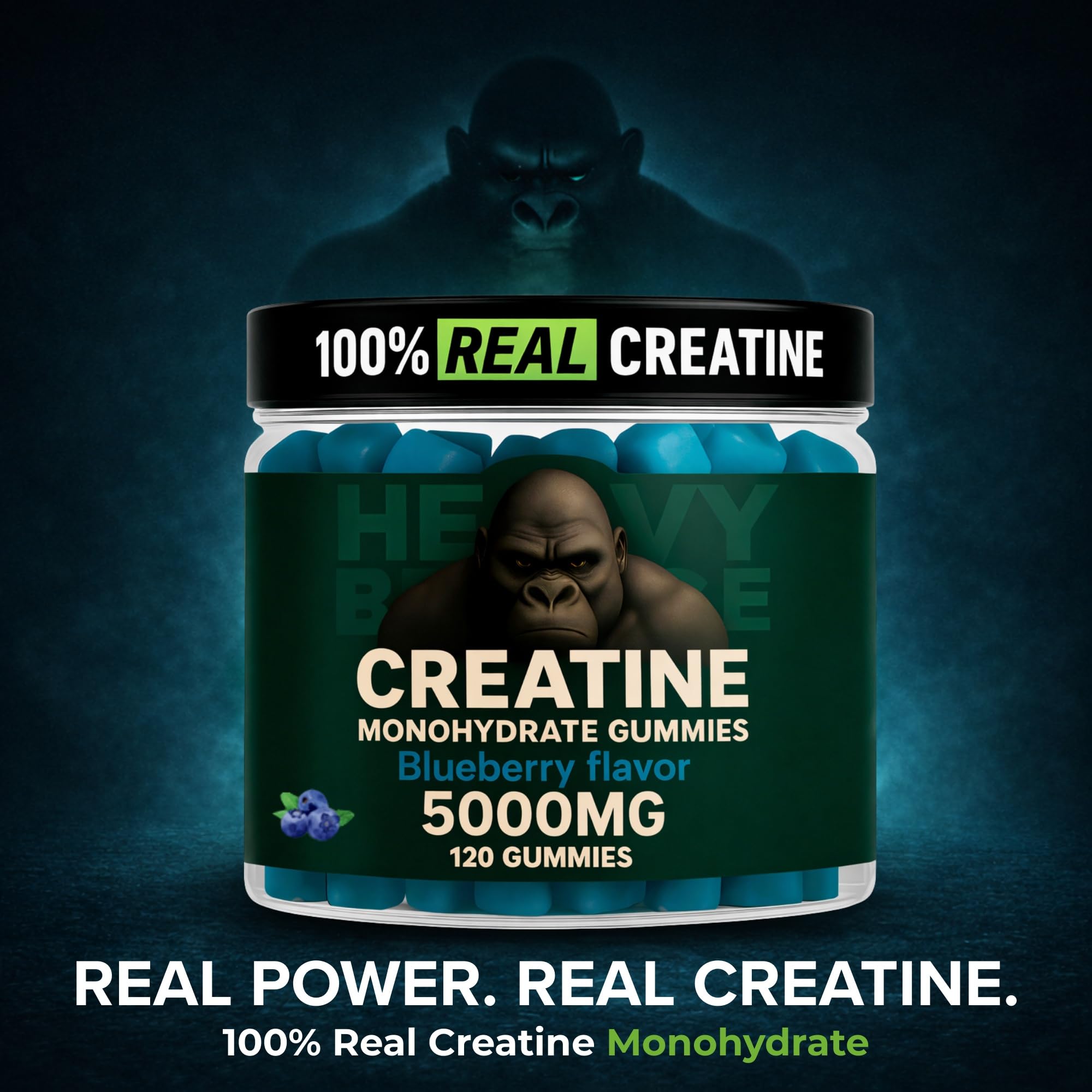 Heavy Balance Creatine Gummies 5000mg displayed with a measuring scoop