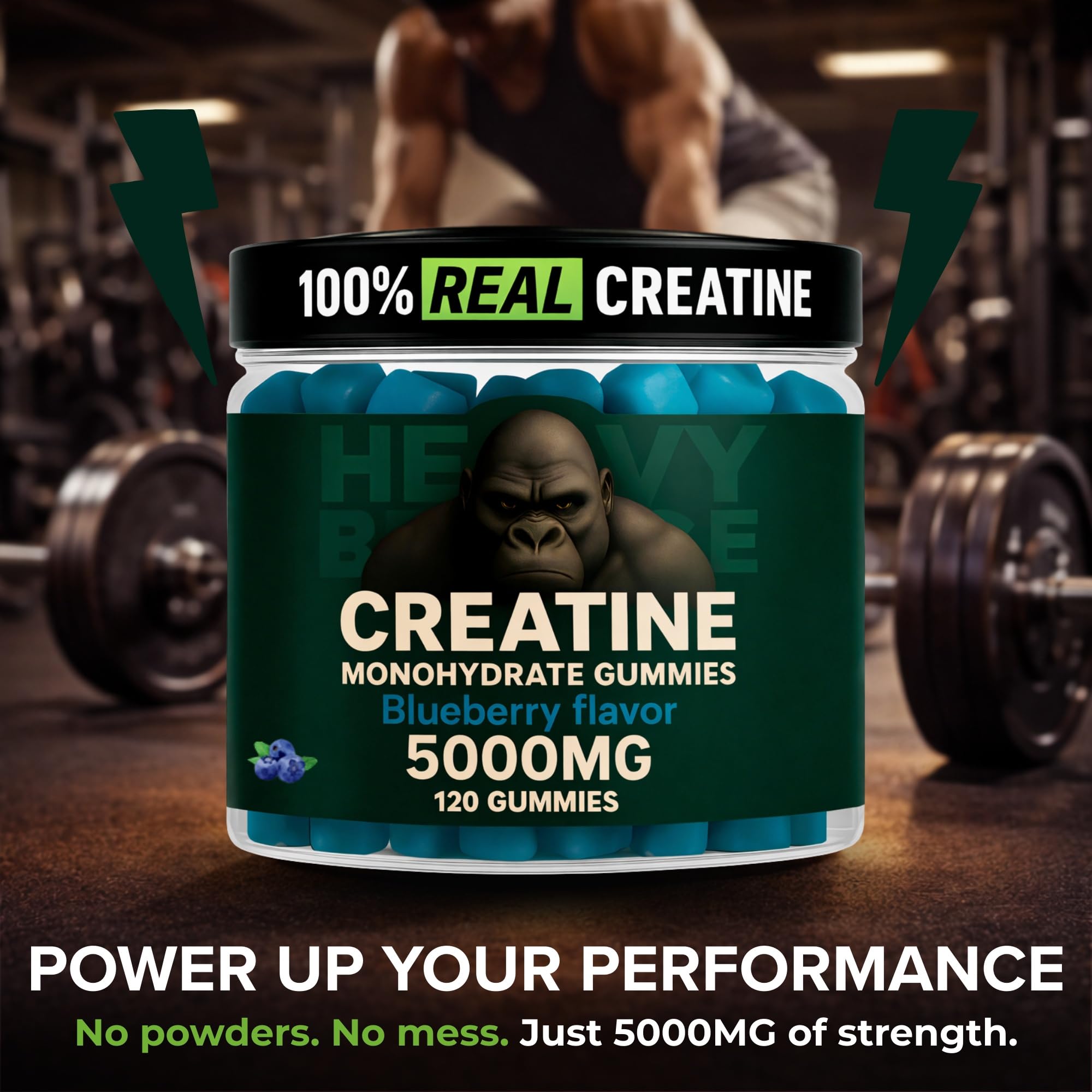 Heavy Balance Creatine Gummies 5000mg open bottle showing gummies inside