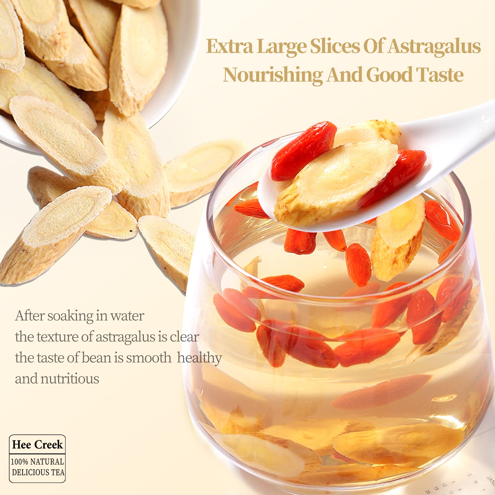 hee creek Astragalus Herbal Tea in a cup with boiling water