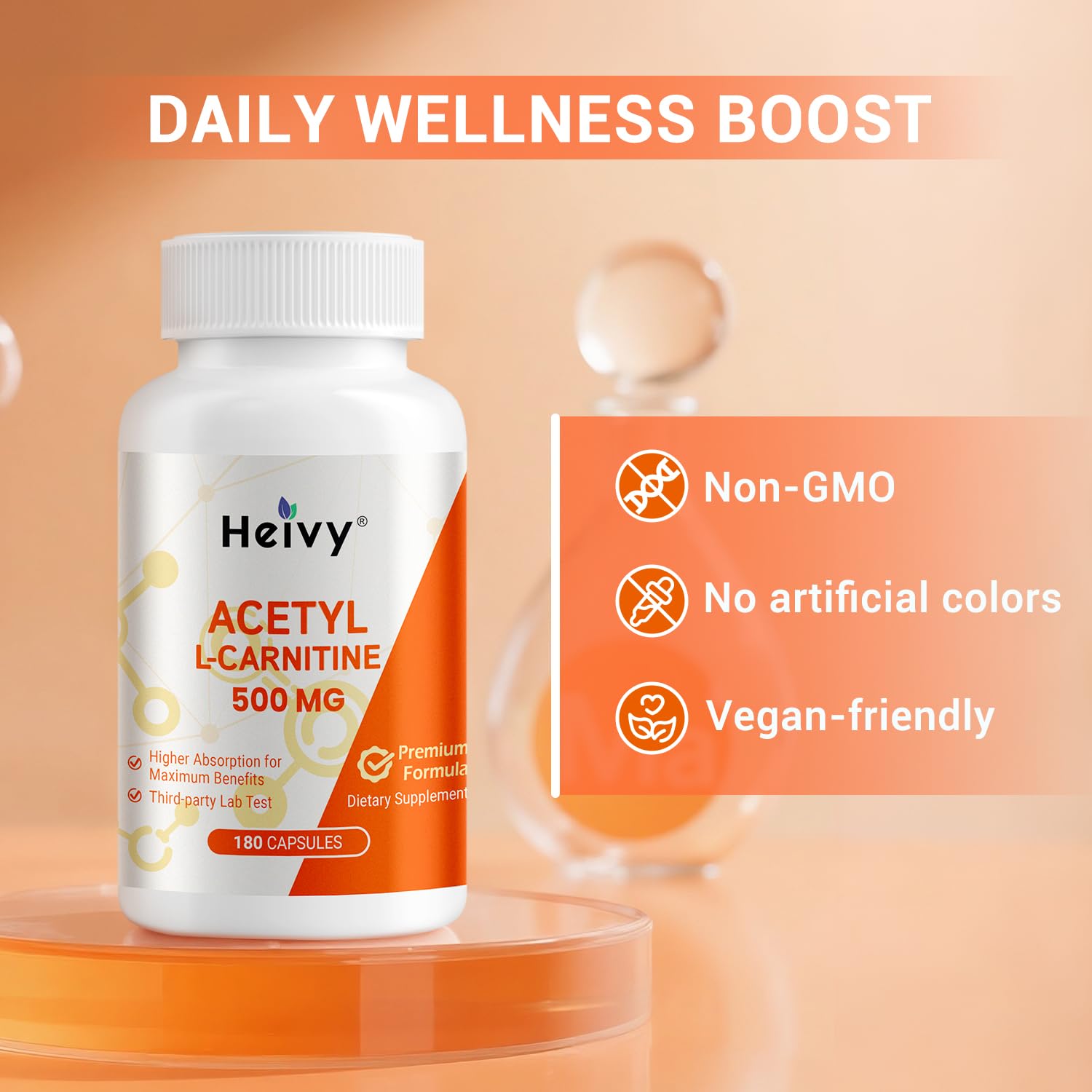 Heivy Acetyl L-Carnitine capsules showing dosage