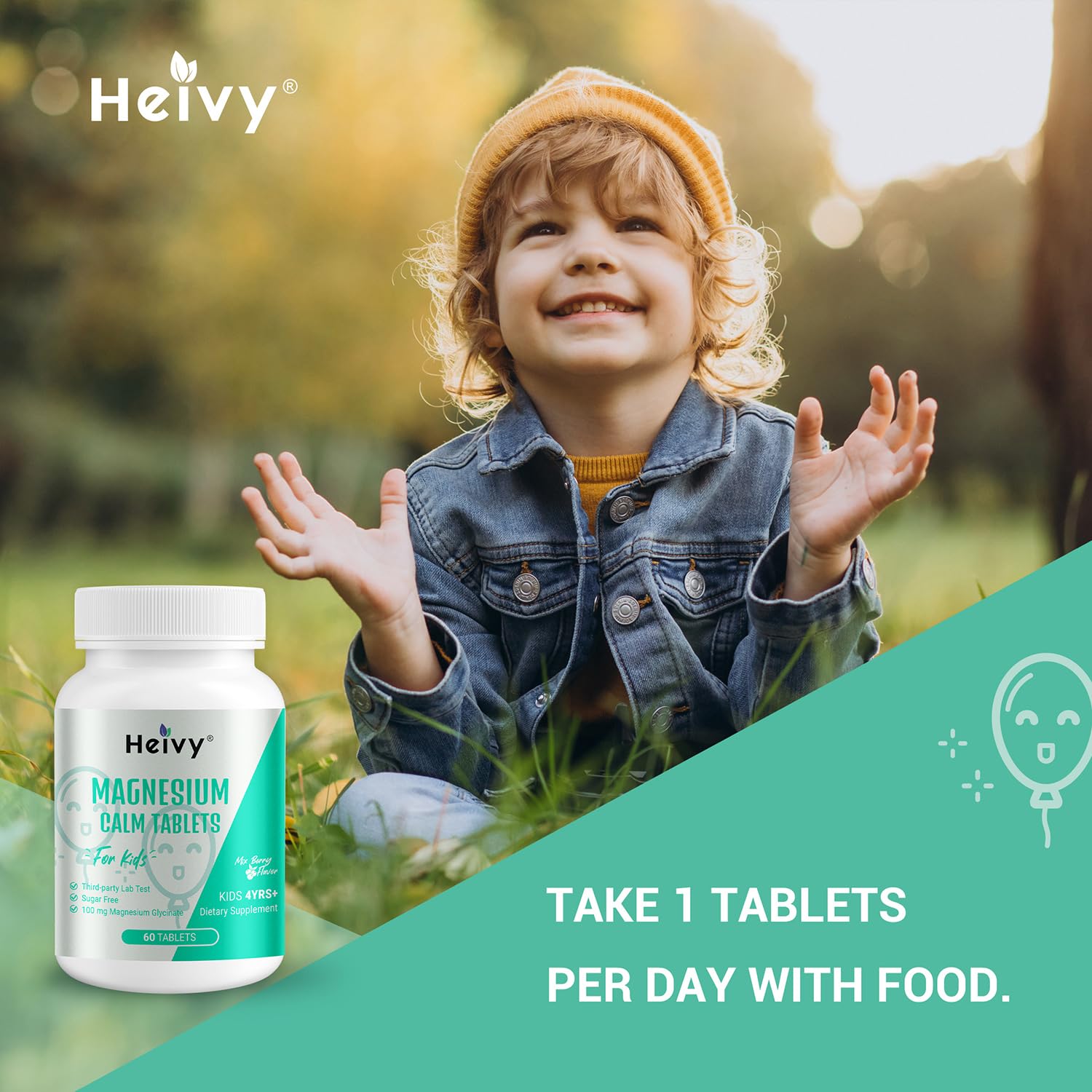 Heivy Calm & daily wellness Tablets in a child's hand