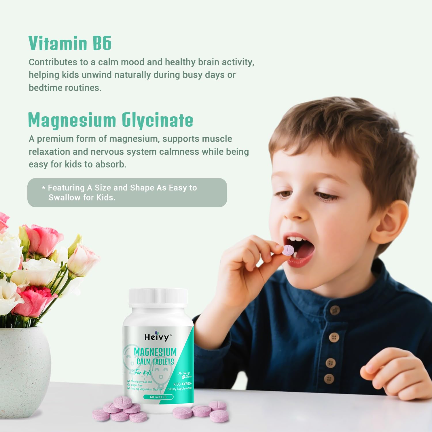 Heivy Calm & daily wellness Tablets on a wooden table with berries
