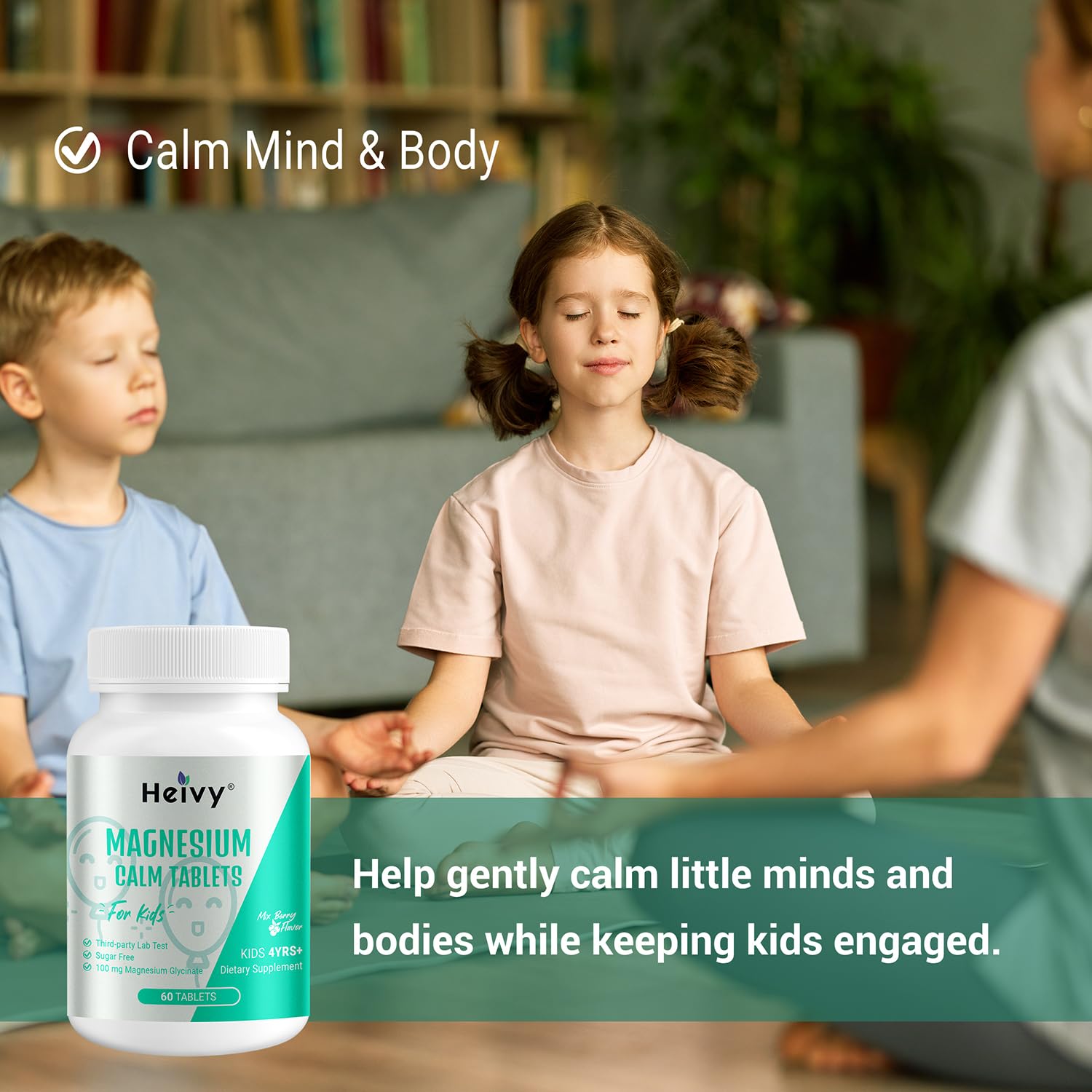 Heivy Calm & daily wellness Tablets packaging with child-friendly design