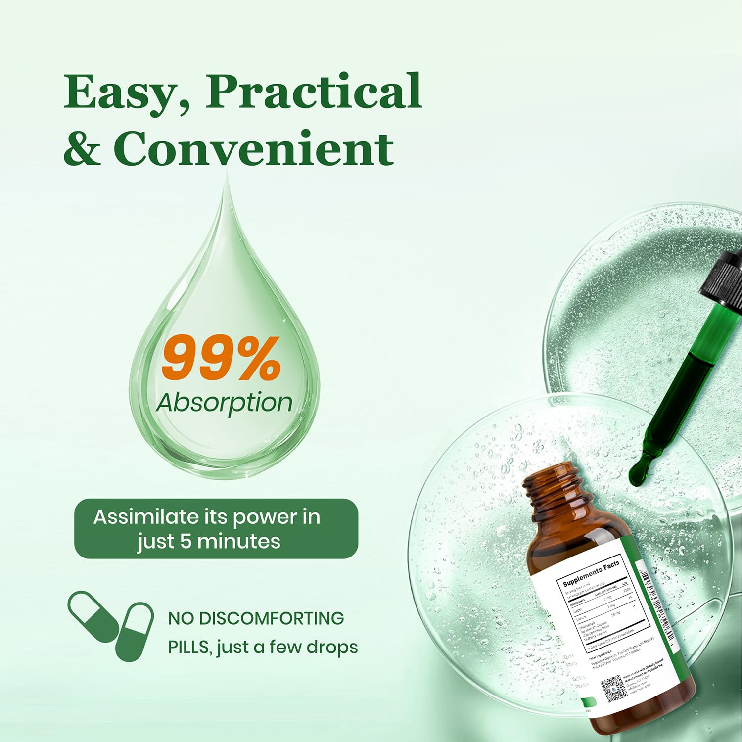 Heivy Chlorophyll Liquid Drops 57g bottle on a kitchen counter