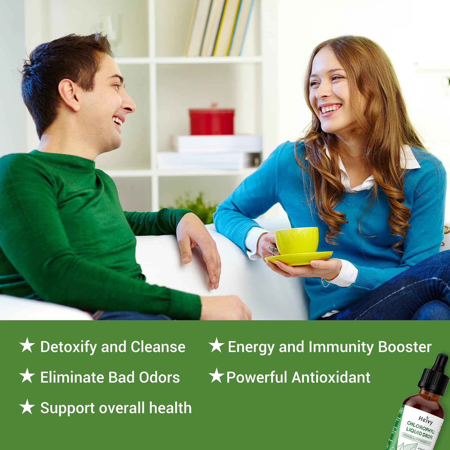 Heivy Chlorophyll Liquid Drops 57g bottle with a glass of water