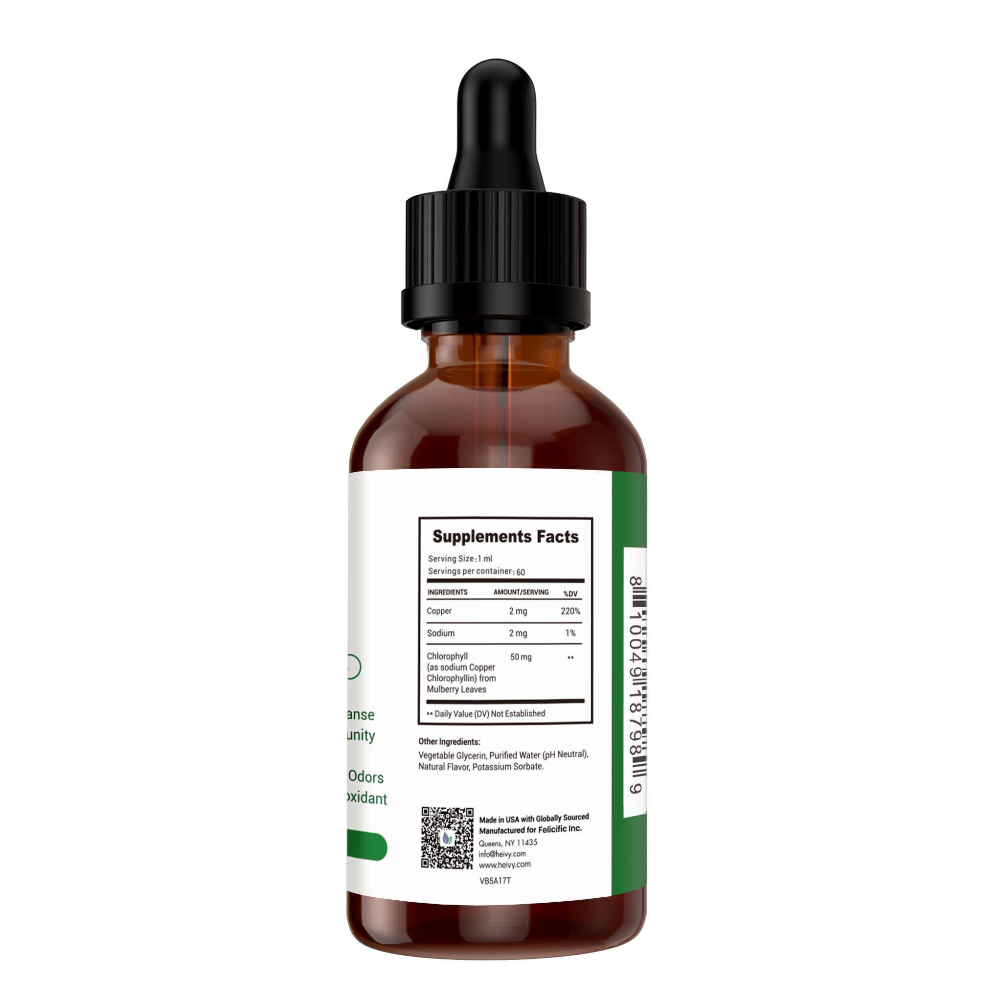 Heivy Chlorophyll Liquid Drops 57g label showcasing quality certifications