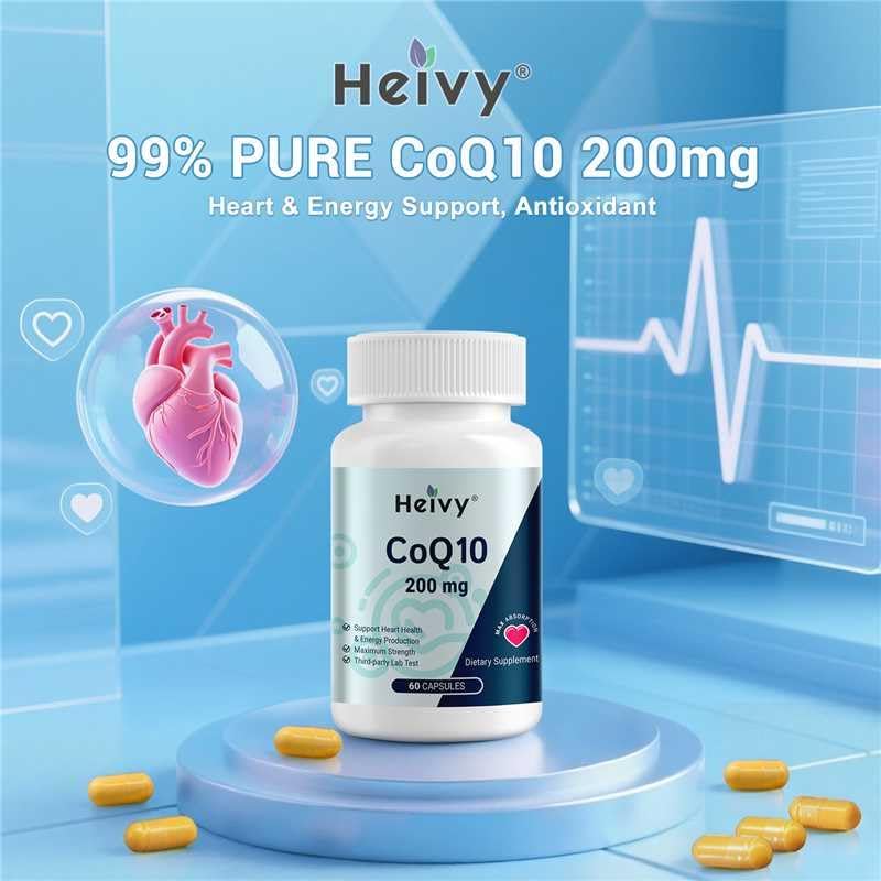 Heivy CoQ10 bottle with a measuring spoon