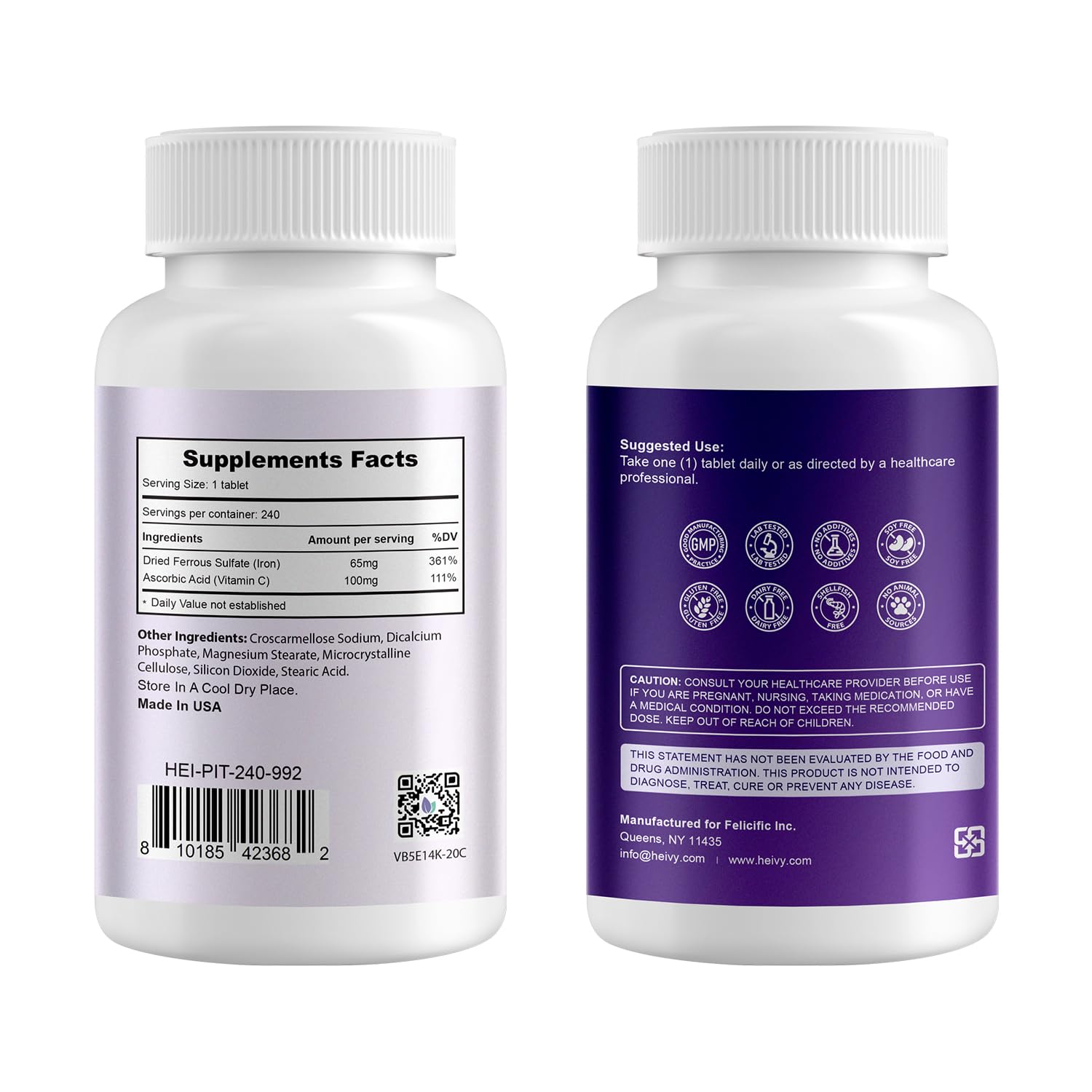 Heivy High-Potency Iron Supplement 325mg bottle side view