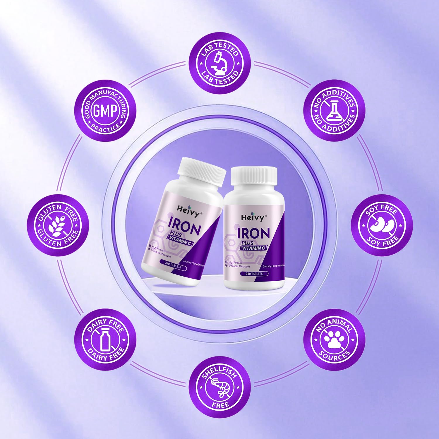 Heivy Iron Supplement 240 Tablets on a wooden table