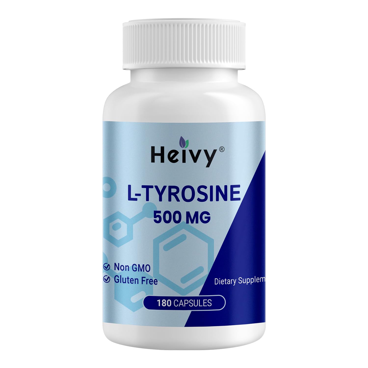 Heivy L-Tyrosine 500mg supplement bottle front view with 180 capsules