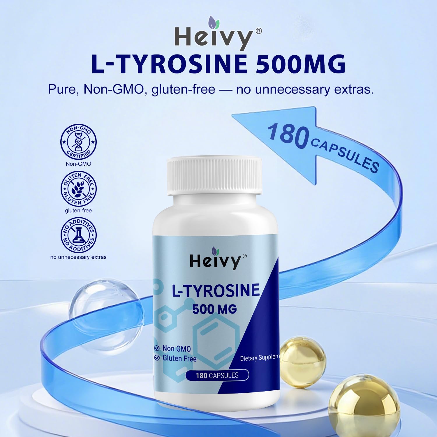 Heivy L-Tyrosine 500mg supplement bottle side view