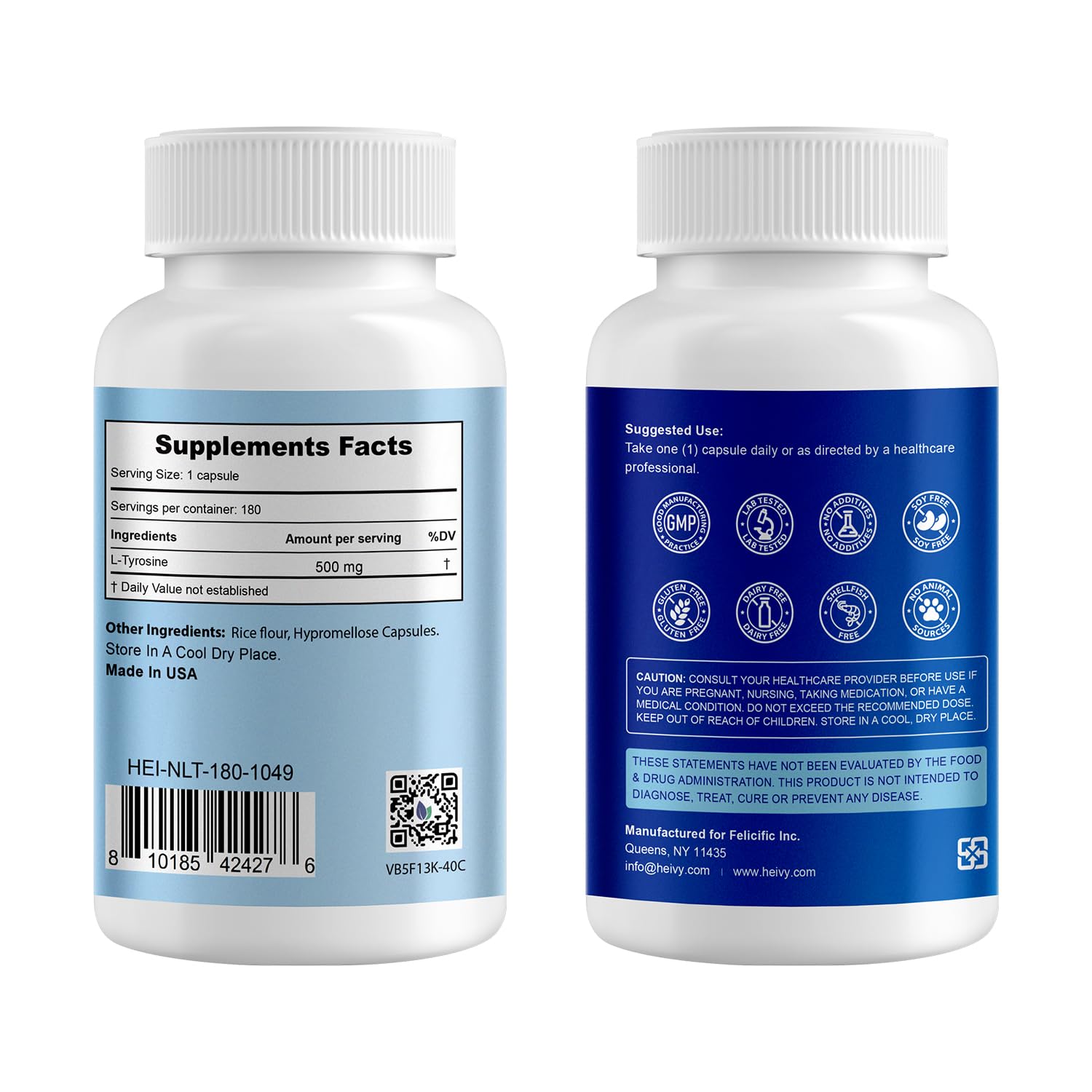 Heivy L-Tyrosine 500mg supplement capsules close-up