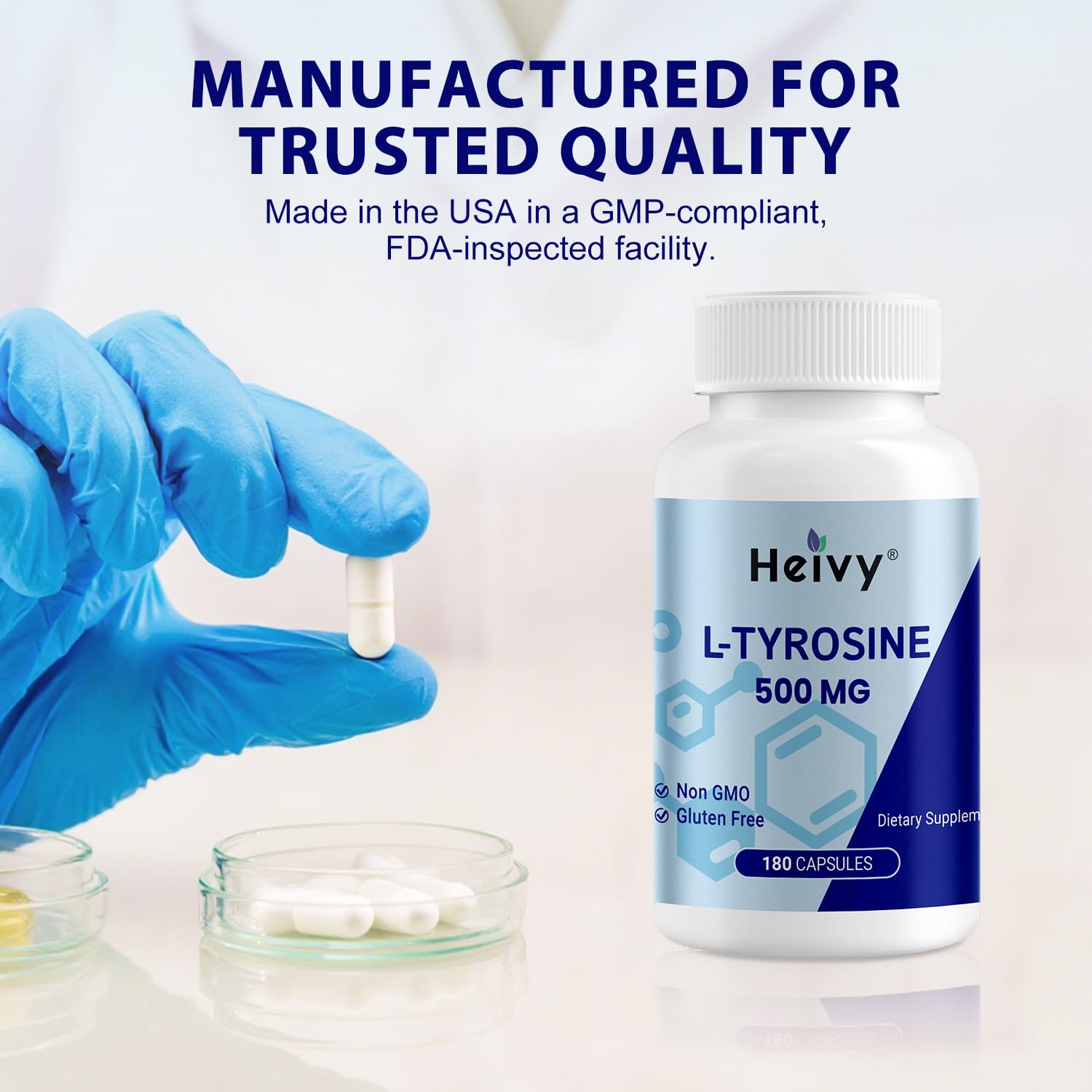 Heivy L-Tyrosine 500mg supplement capsules on a table