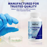 Heivy L-Tyrosine 500mg supplement capsules on a table