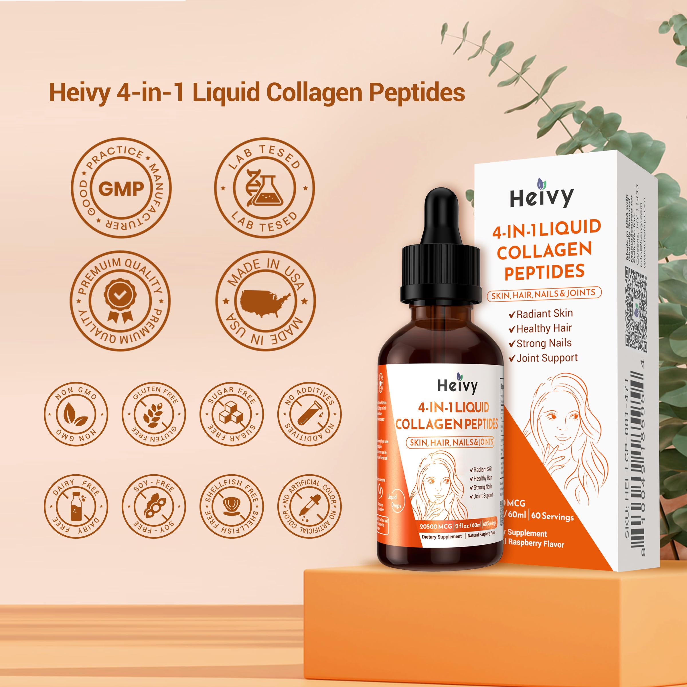 Heivy Liquid Collagen 60ml bottle with glass of water