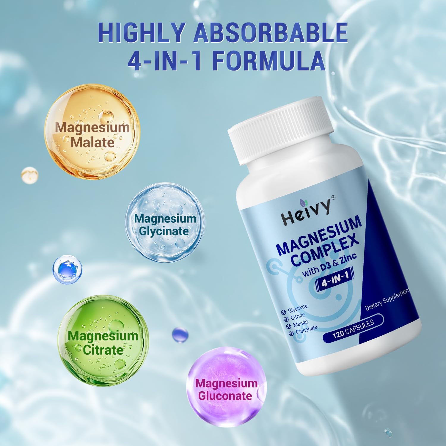 Heivy Magnesium Complex capsules on a wooden table