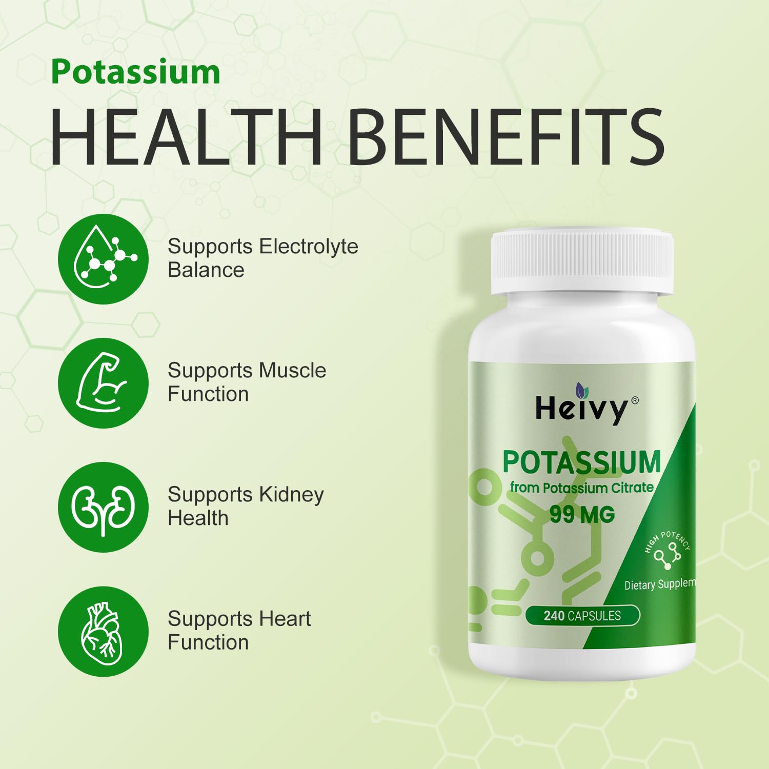 Heivy Potassium Citrate Capsules side view with dosage information