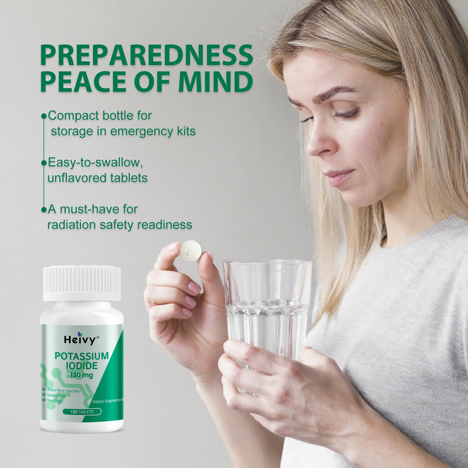 Heivy Potassium Iodide Tablets with clean ingredient list displayed