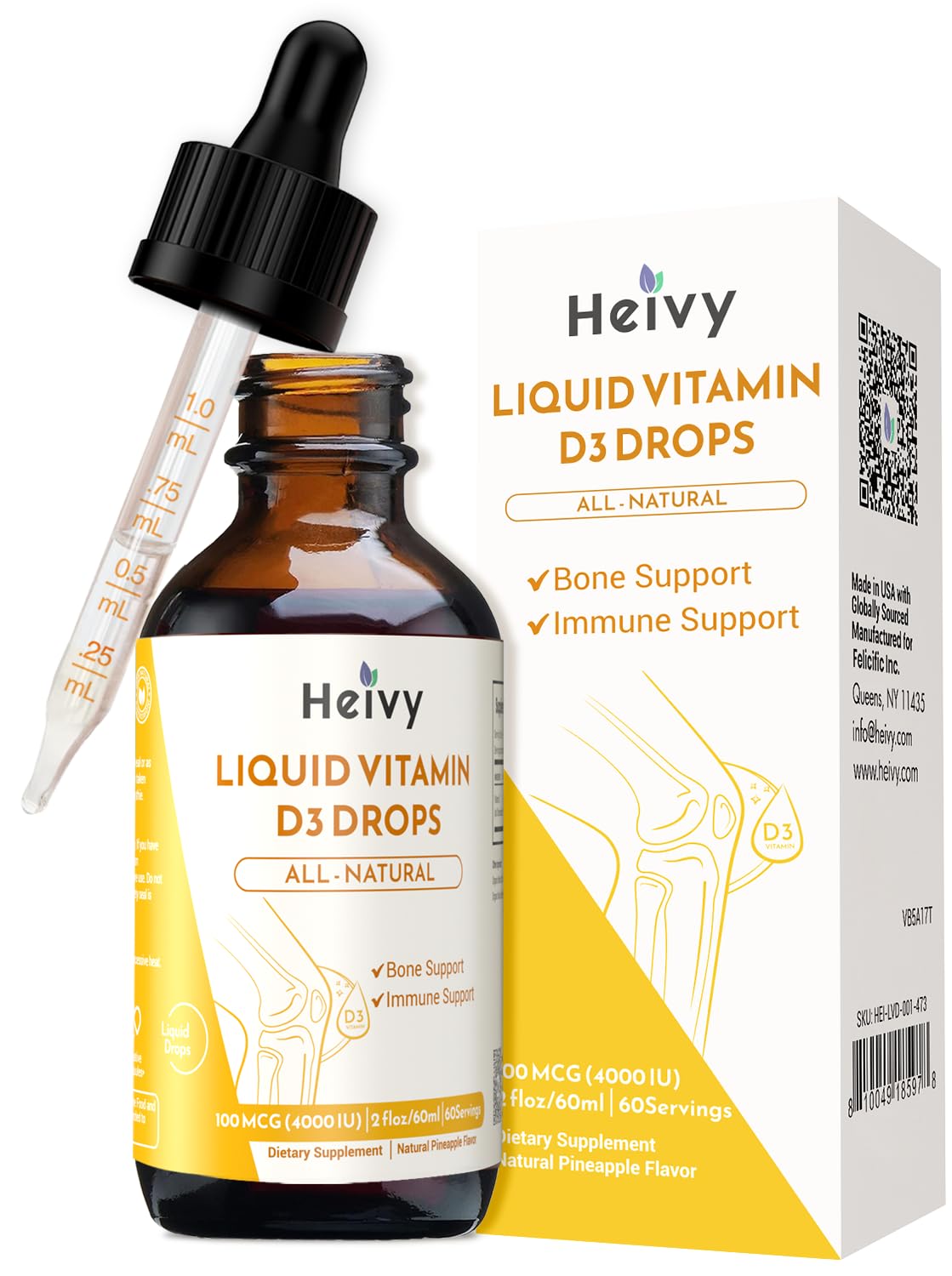 Heivy Vitamin D3 Liquid Drops 100mcg bottle front view