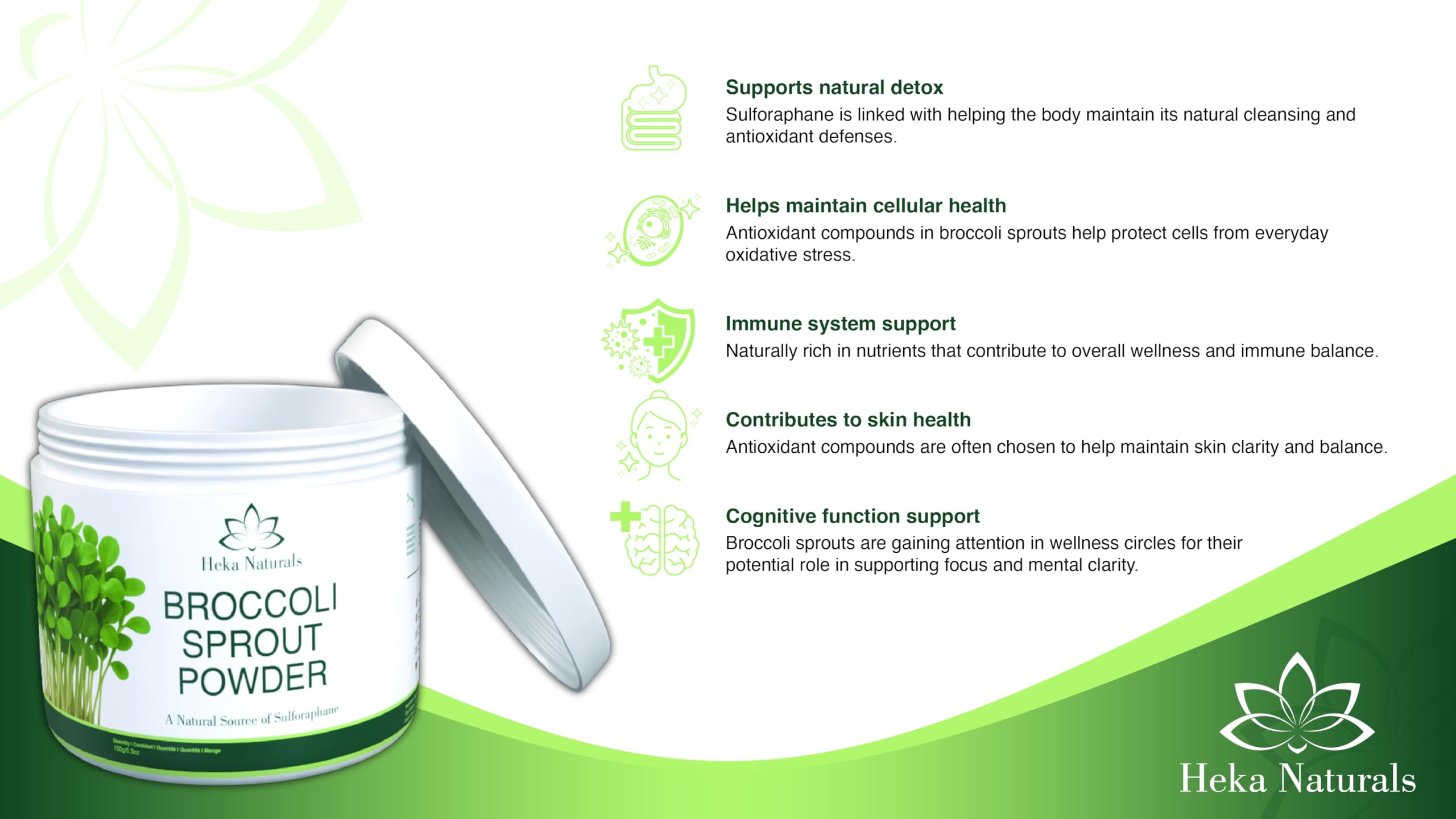 Heka Naturals Organic Broccoli Sprout Powder in a bowl