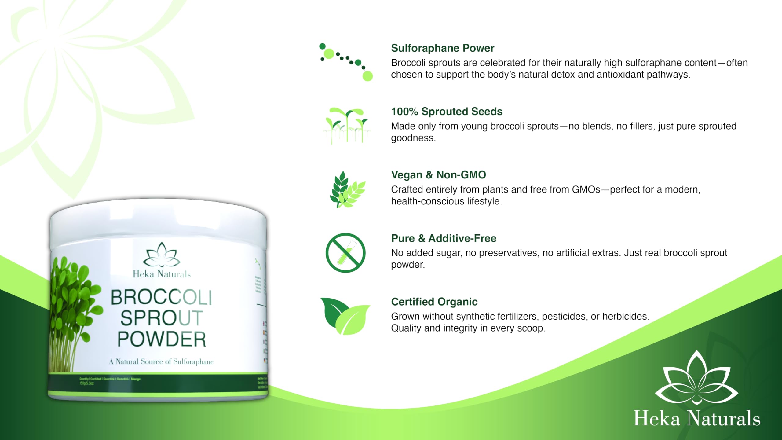 Heka Naturals Organic Broccoli Sprout Powder scoop with powder