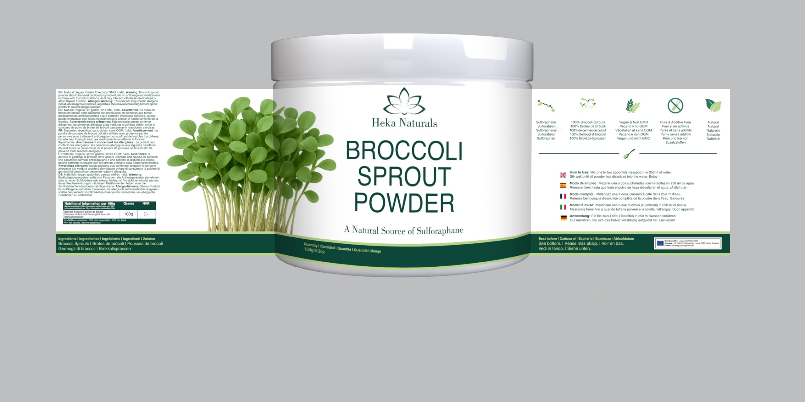 Heka Naturals Organic Broccoli Sprout Powder with fresh broccoli