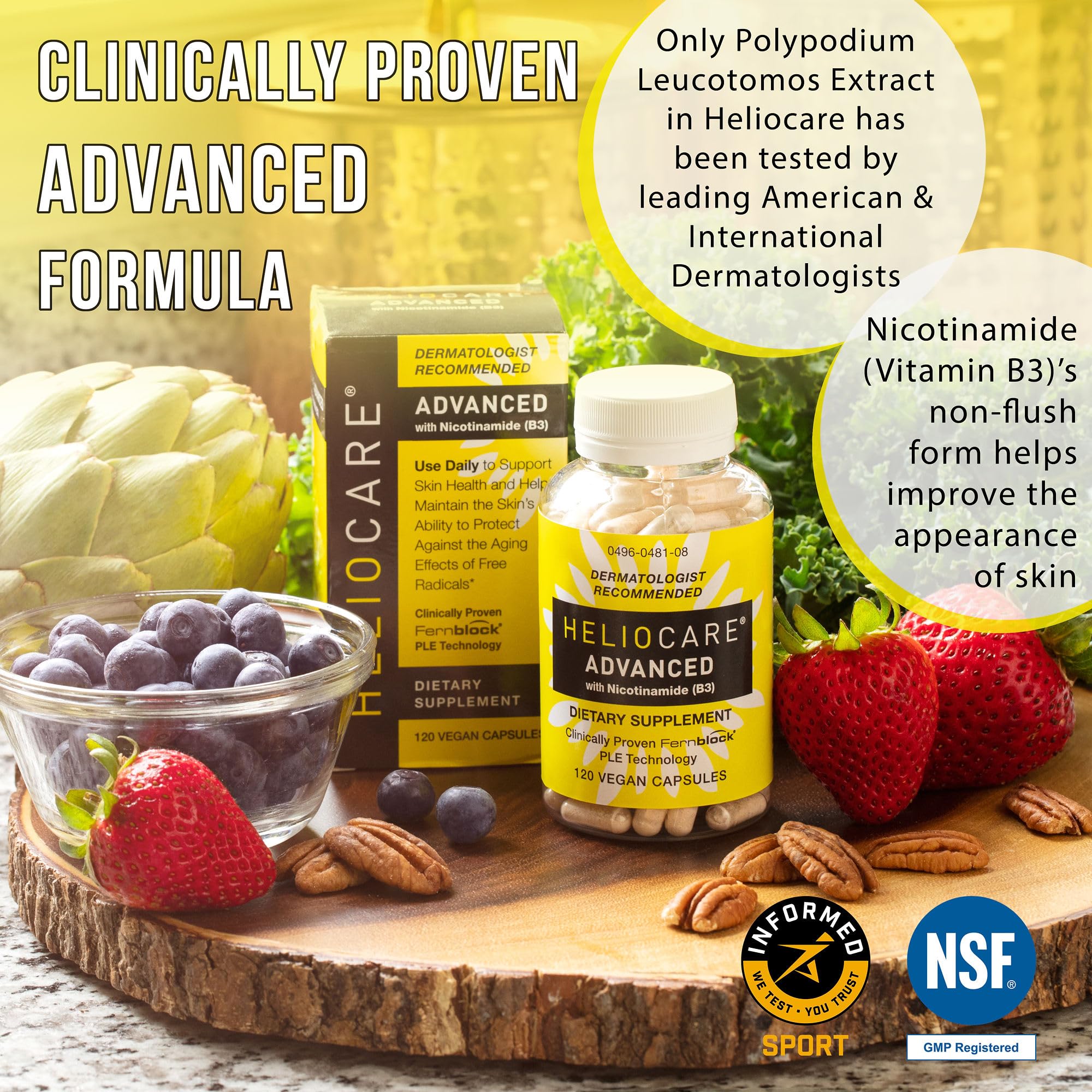 Heliocare Advanced Vitamin B3 Niacin capsules on a wooden table