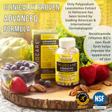 Heliocare Advanced Vitamin B3 Niacin capsules on a wooden table
