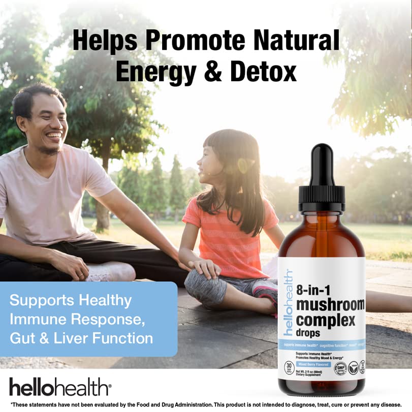 HELLO HEALTH 8-in-1 Mushroom Blend Liquid Drops label close-up