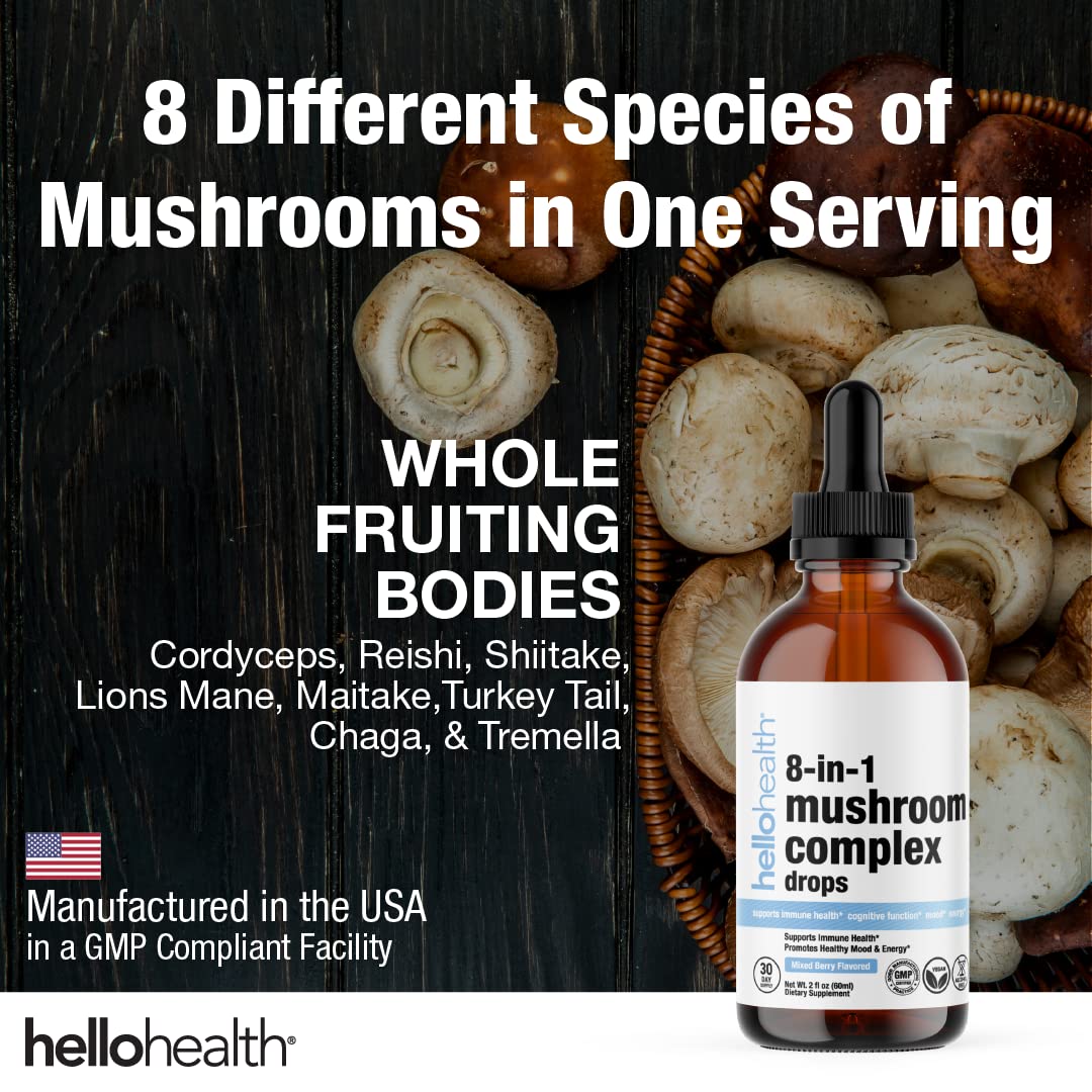 HELLO HEALTH 8-in-1 Mushroom Blend Liquid Drops packaging