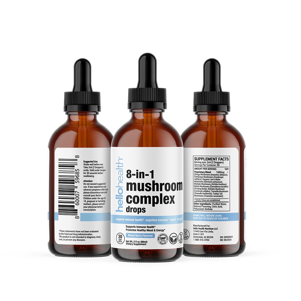 HELLO HEALTH 8-in-1 Mushroom Blend Liquid Drops with measuring spoon