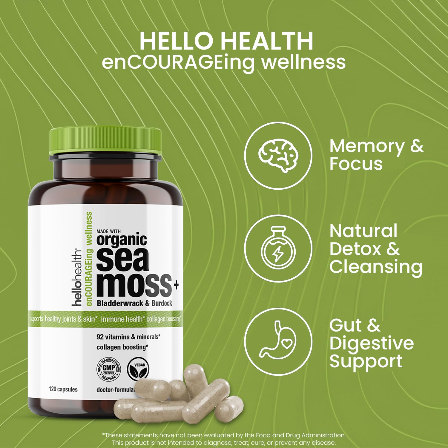HELLO HEALTH Organic Sea Moss Capsules in hand