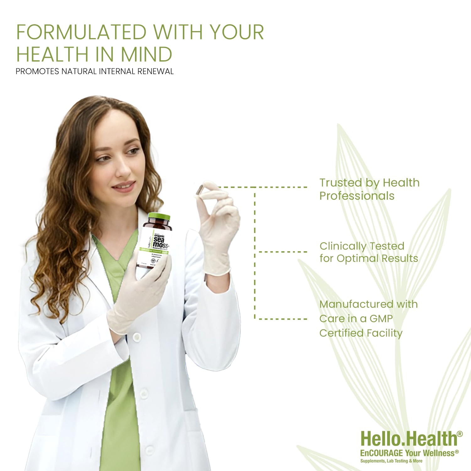 HELLO HEALTH Organic Sea Moss Capsules on a wooden table
