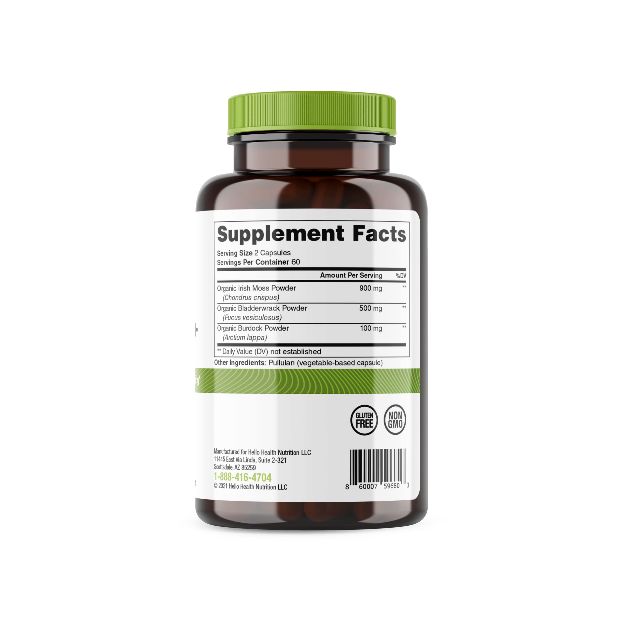 HELLO HEALTH Organic Sea Moss Capsules with a measuring spoon