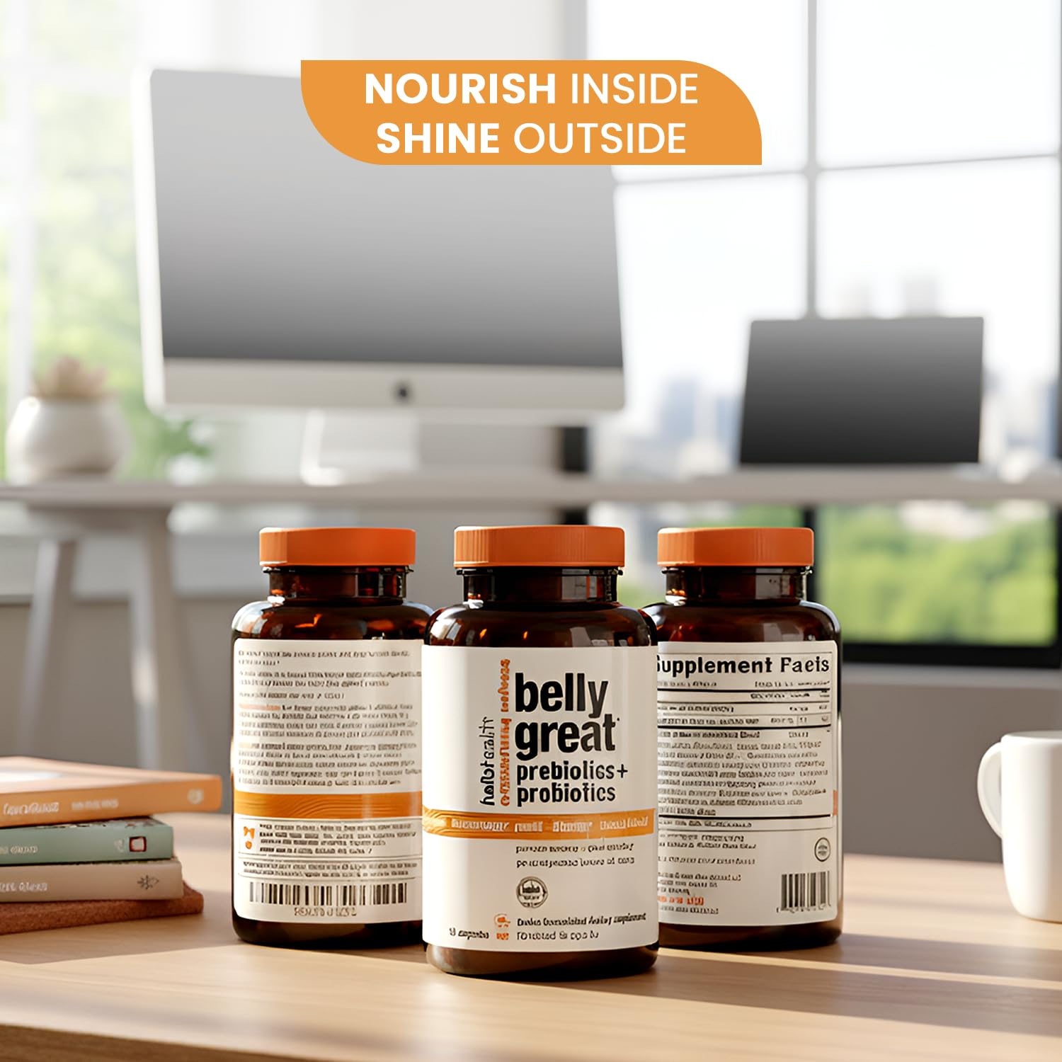 HELLO HEALTH Probiotic Capsules on a wooden table with greenery
