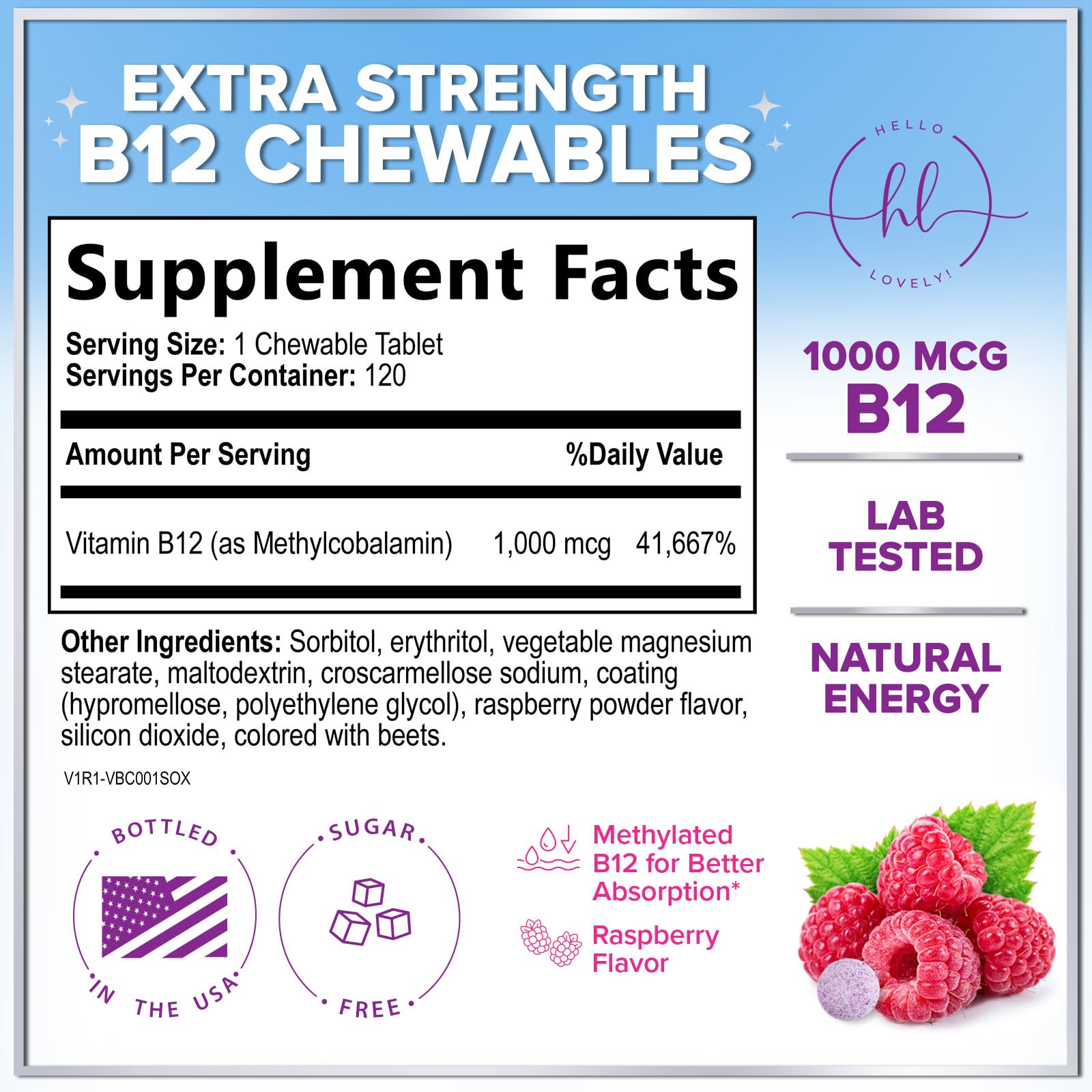 Hello Lovely! B12 Vitamin Chewables raspberry flavour chewable